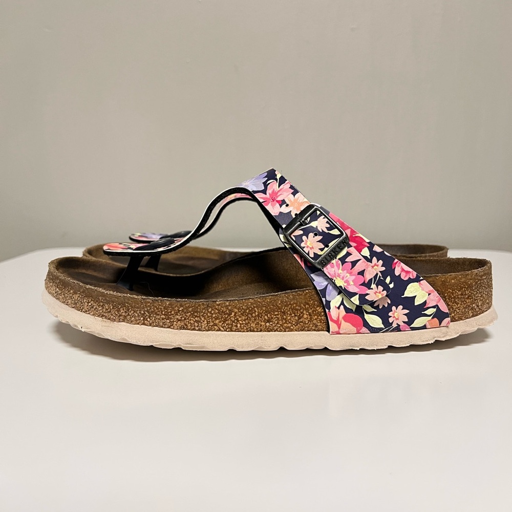 Birkenstock Navy Floral Thong Sandals with Pink Accents